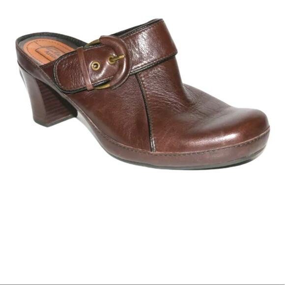 Clarks Artisan Brown Leather Platform Buckle Mules - Picture 1 of 6
